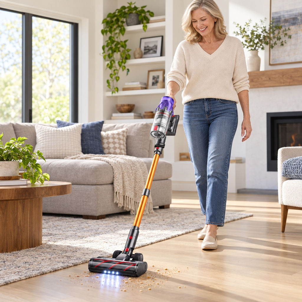 Cordless vacuum cleaning a living room floor